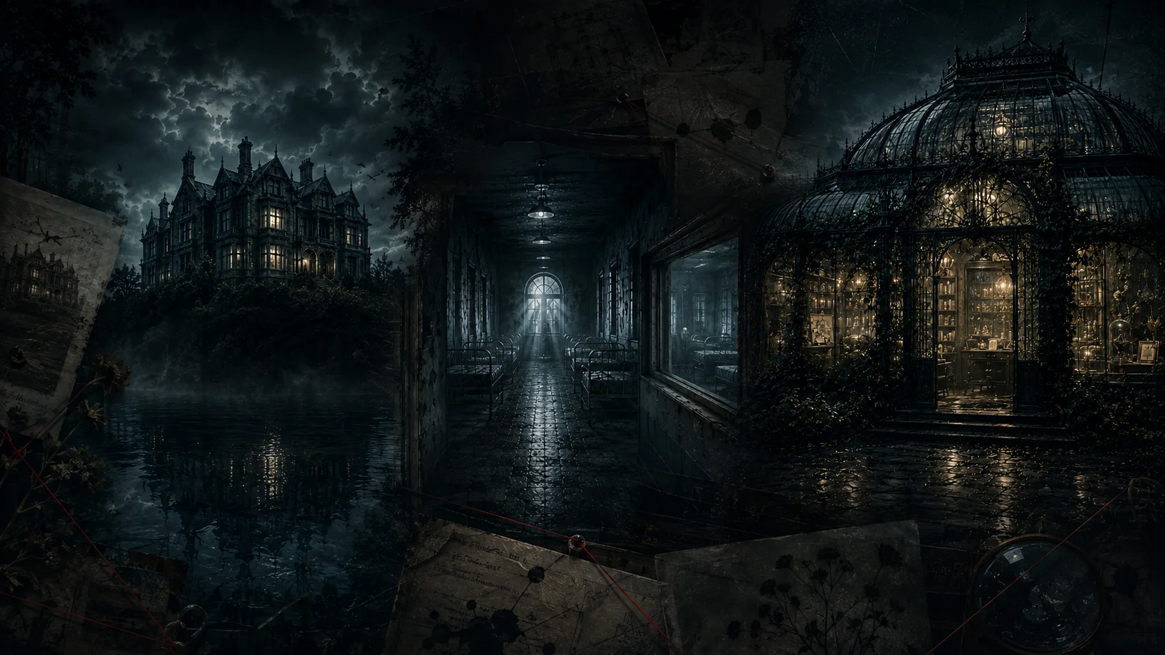 Blackmere House, Ward Seven and the Glass Archive connected across a dark archival landscape