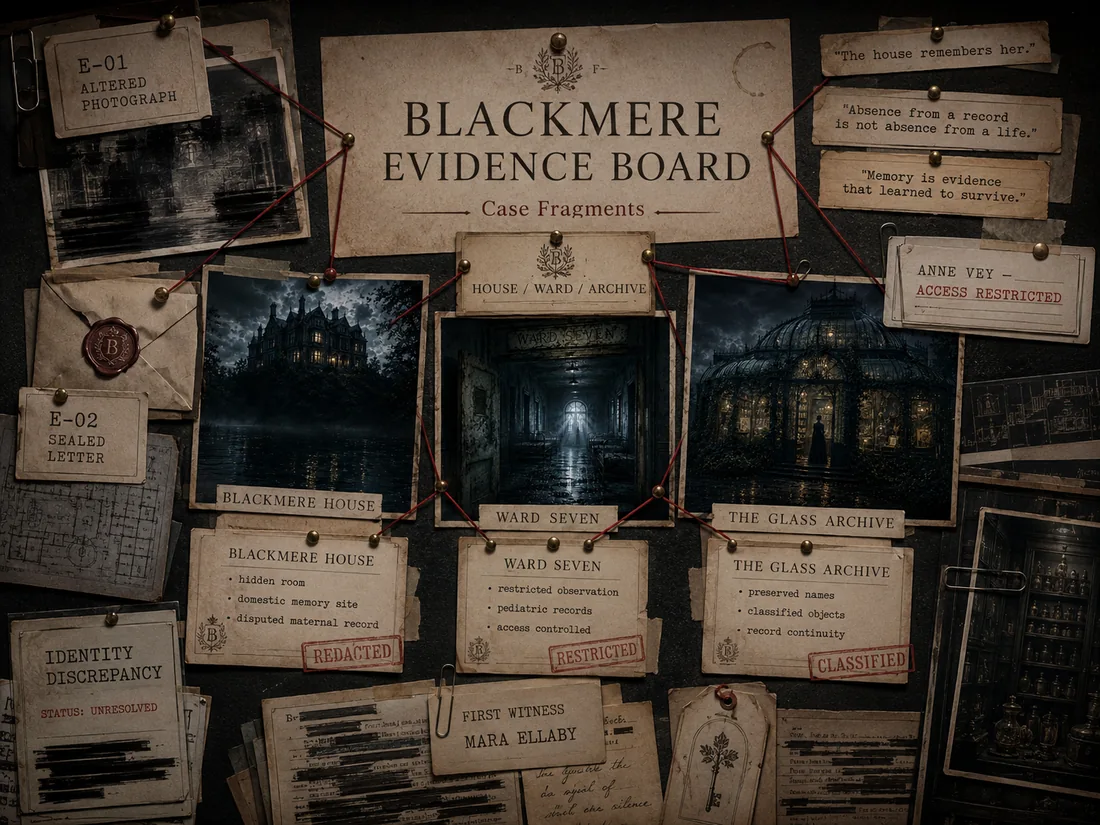 Blackmere Evidence Board with case fragments and connected records