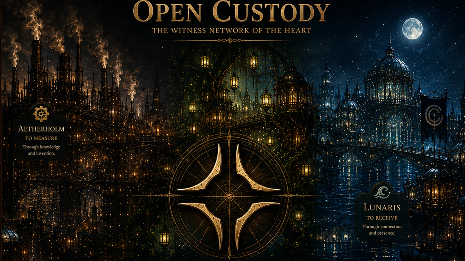 Open Custody desktop wallpaper with the three cities