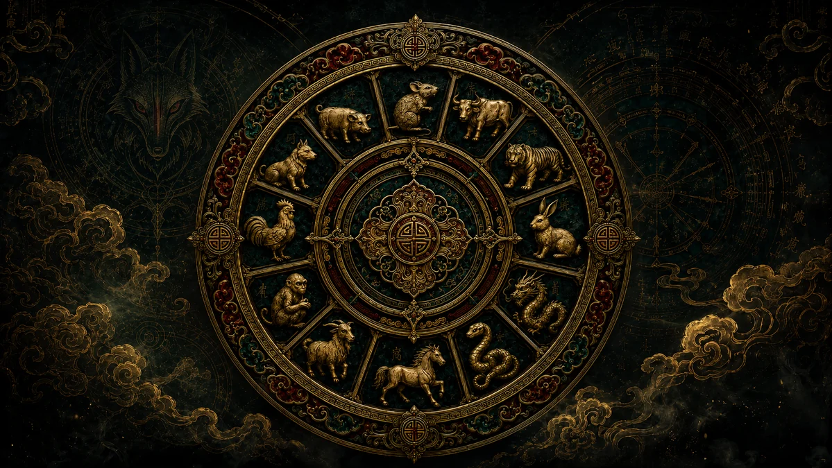 Desktop wallpaper featuring the wheel of the Twelve Shengxiao Seals and a hidden fox