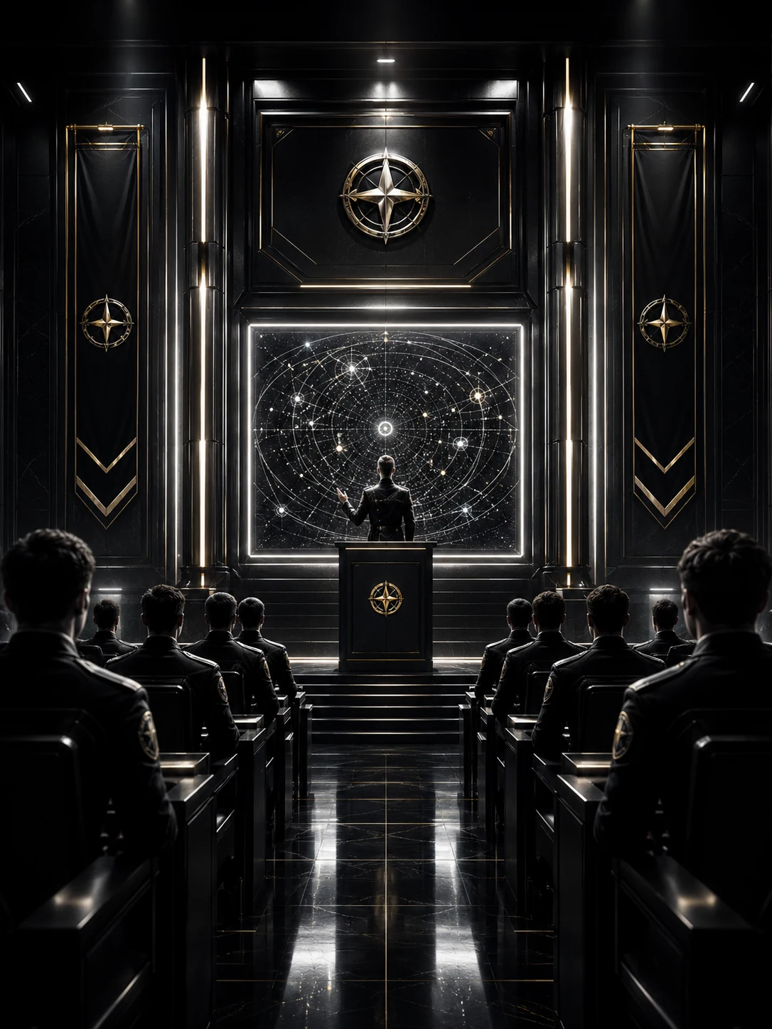 Cadets attending a formal lecture inside a futuristic orbital academy