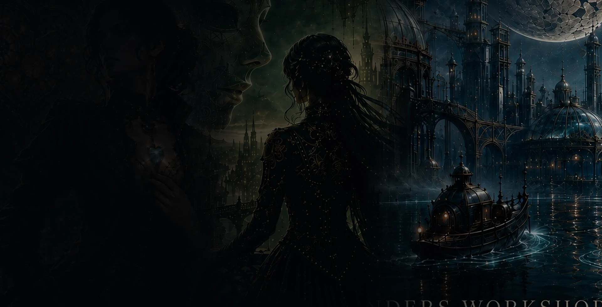 A vast steampunk city glowing beneath a night sky