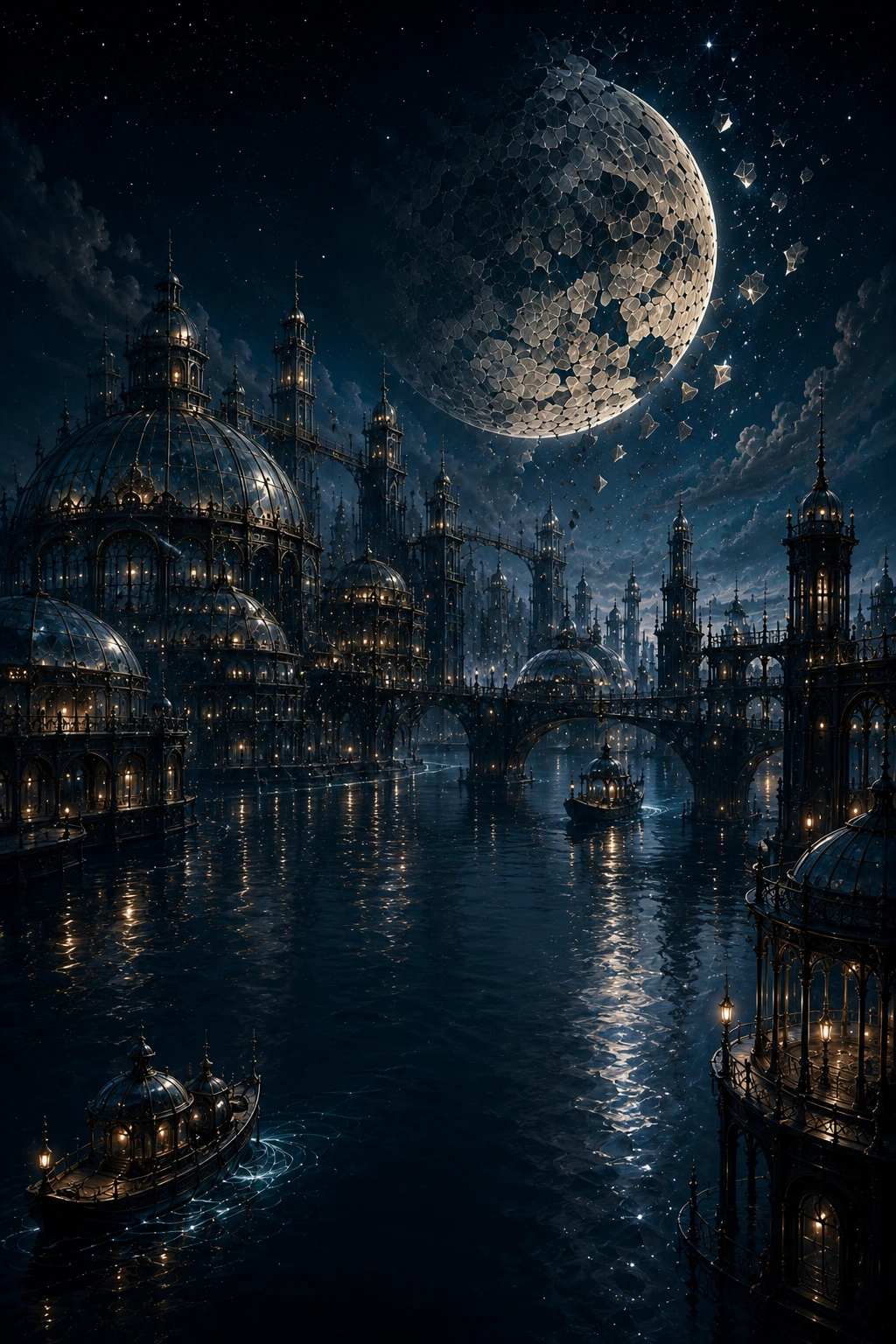 Lunaris, a city of domes, broken moons, and luminous tides