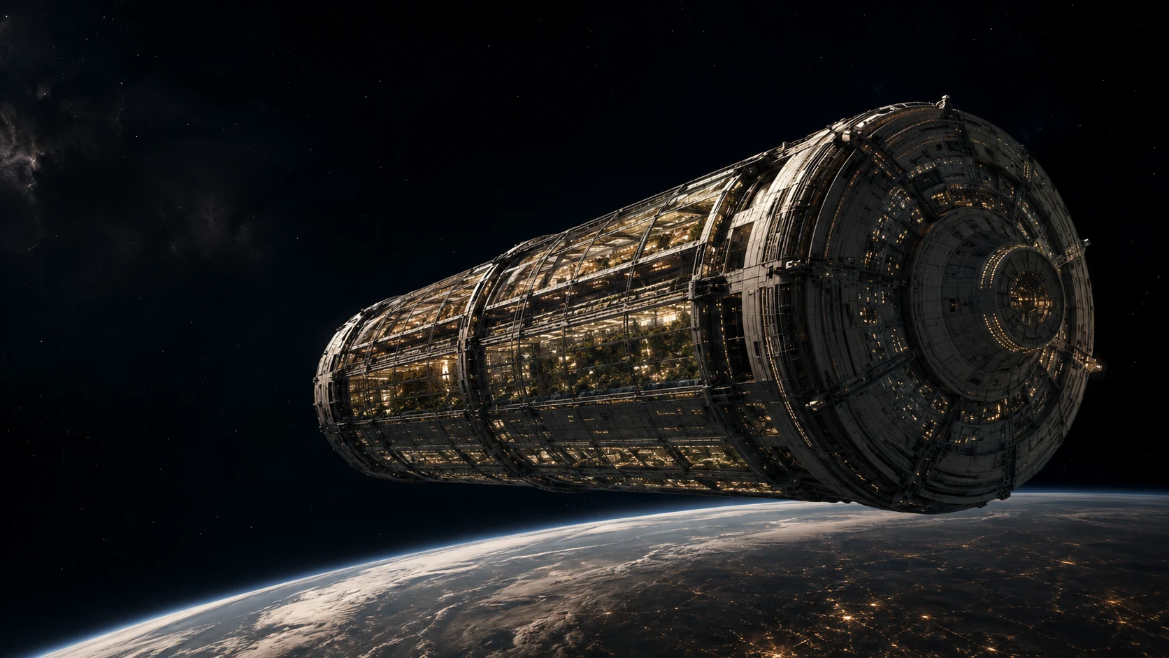 A vast inhabited generation ship crossing deep space above a distant planet.