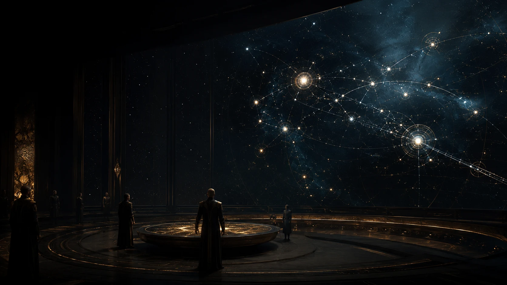 A dark interstellar command hall overlooks a star map connecting several distant inhabited systems.