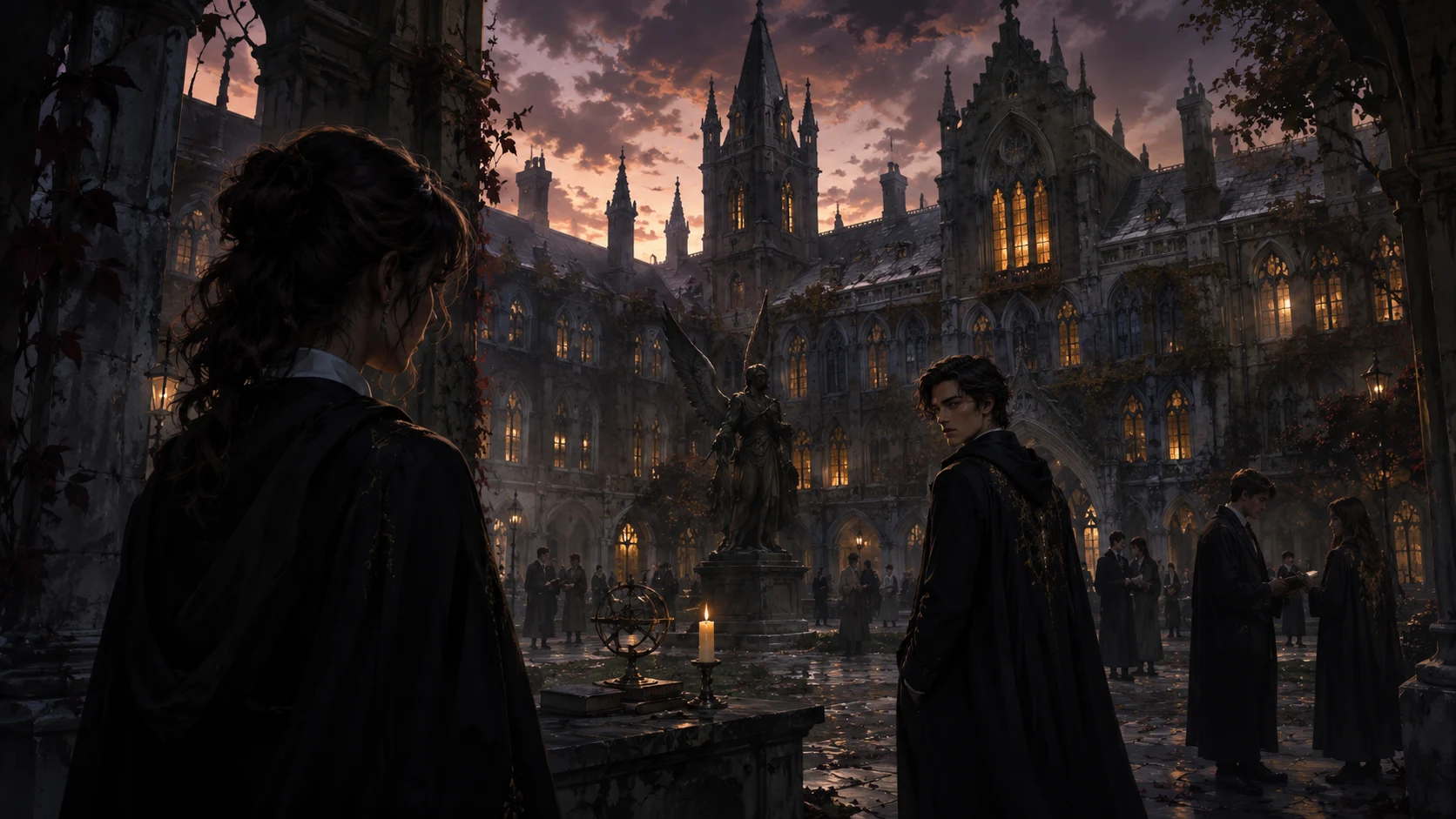 A moonlit gothic academy rises through dark mountains and mist.