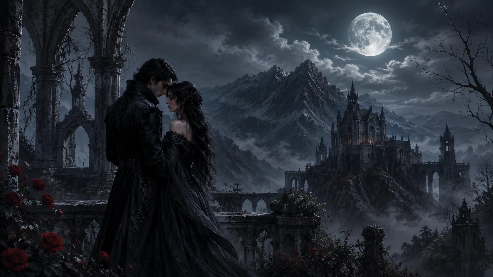 Moonlit gothic ruins open onto a distant dark-fantasy landscape.