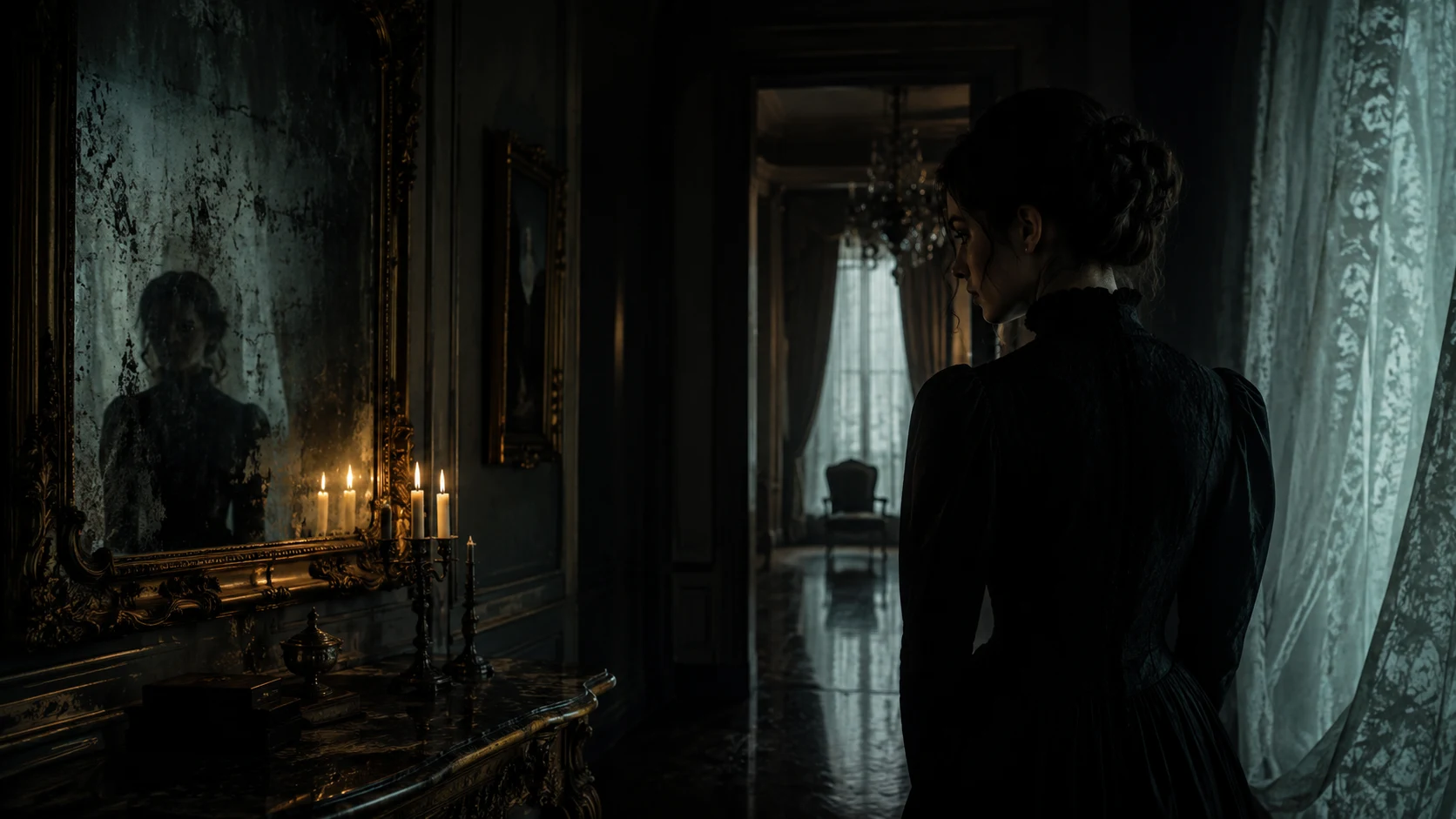 A shadowed institutional corridor narrows toward a solitary figure.