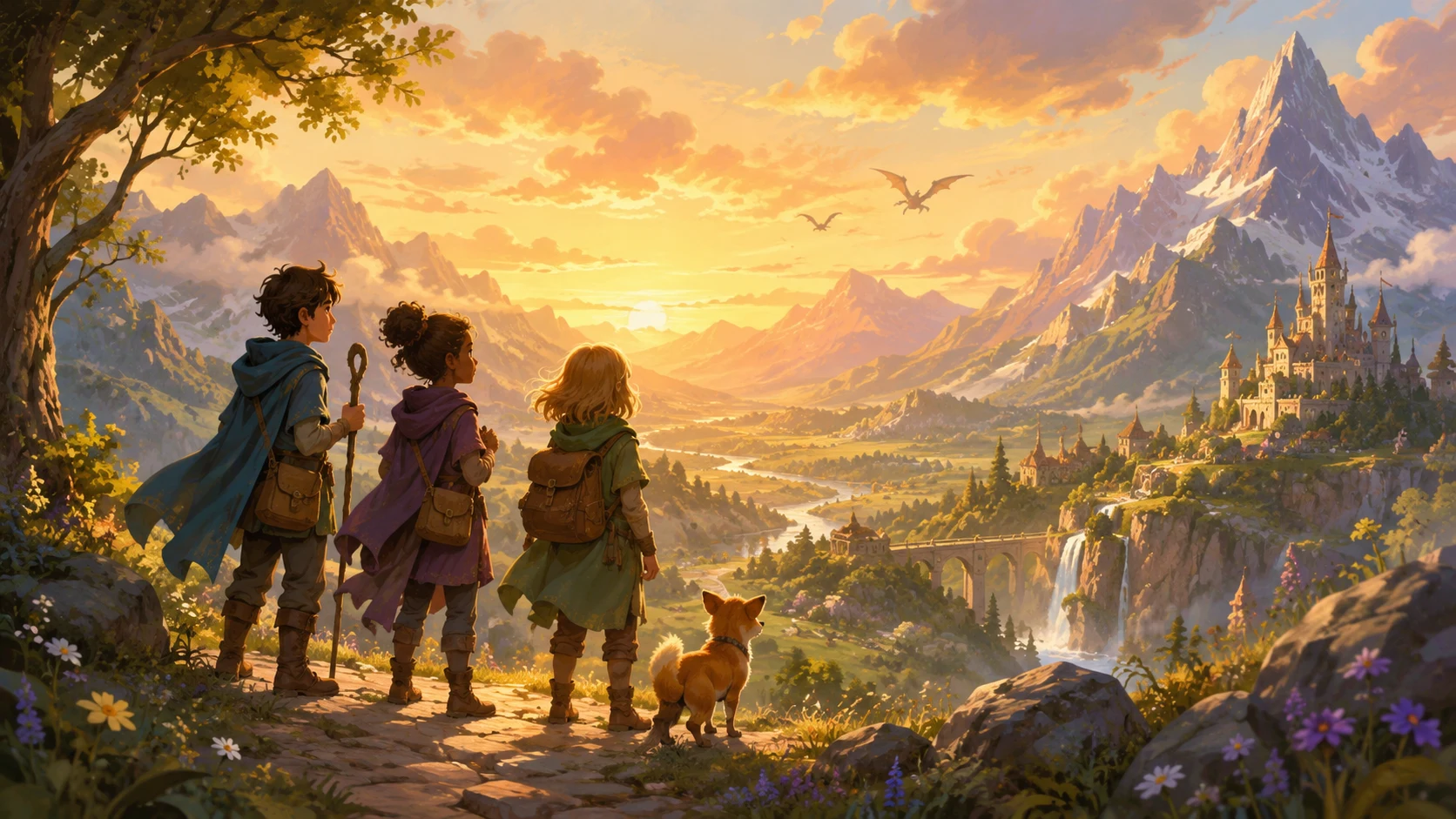 A bright fantasy valley opens between mountains beneath a dramatic sky.