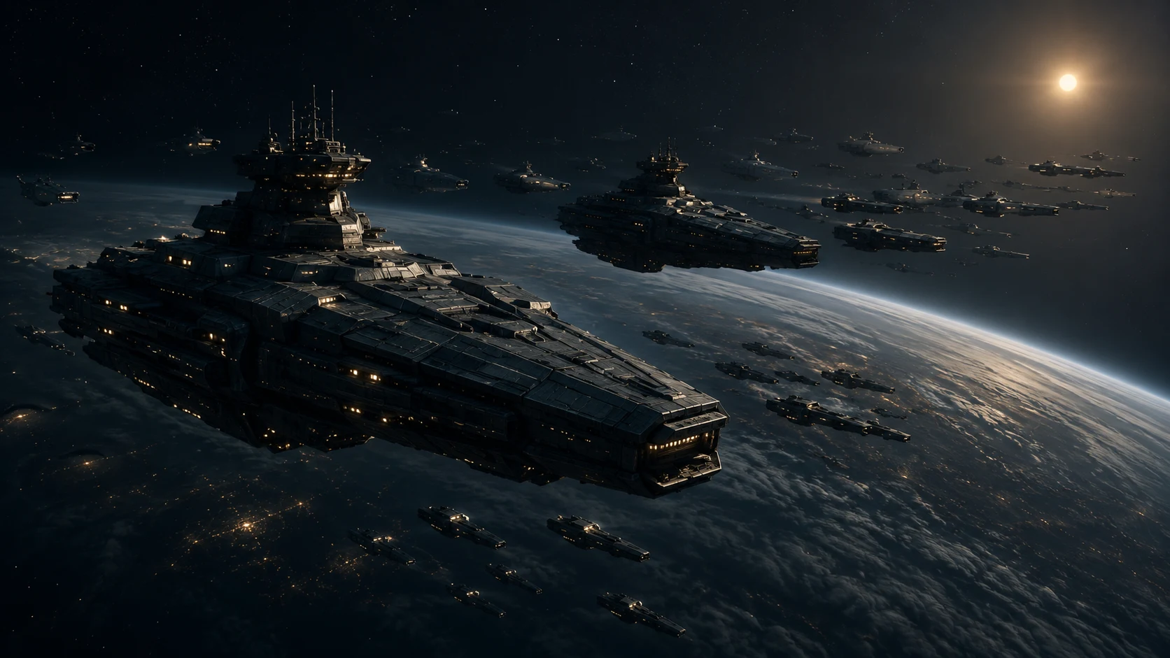 A military fleet crosses deep space above a distant world.