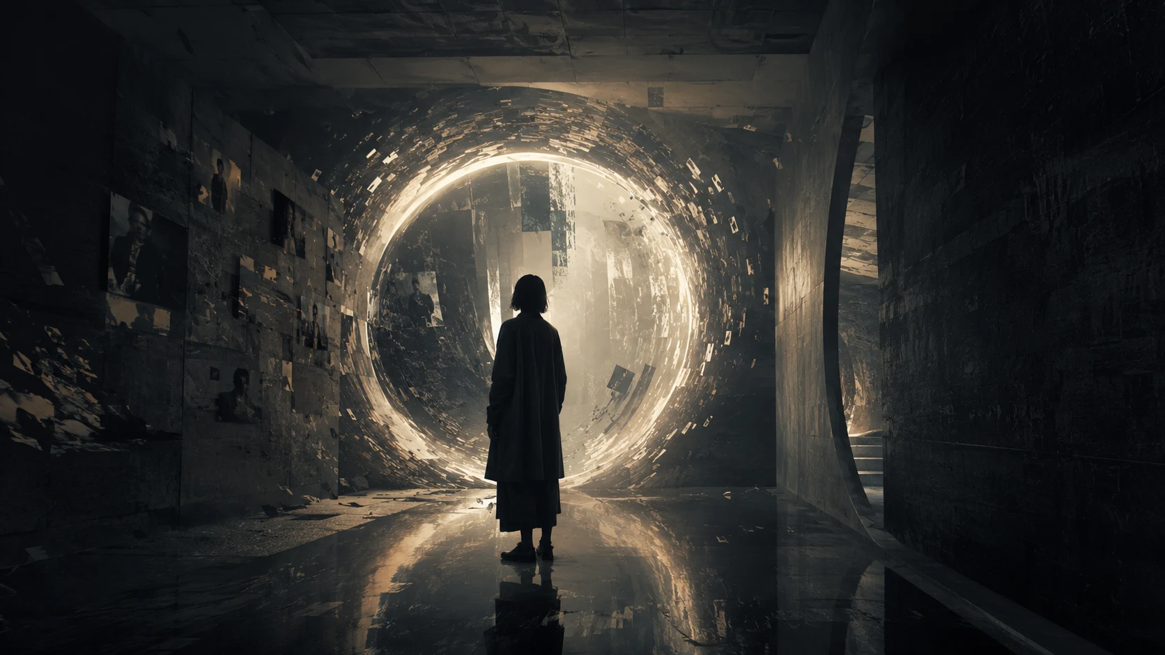 A solitary figure faces a luminous impossible portal in a dark chamber.