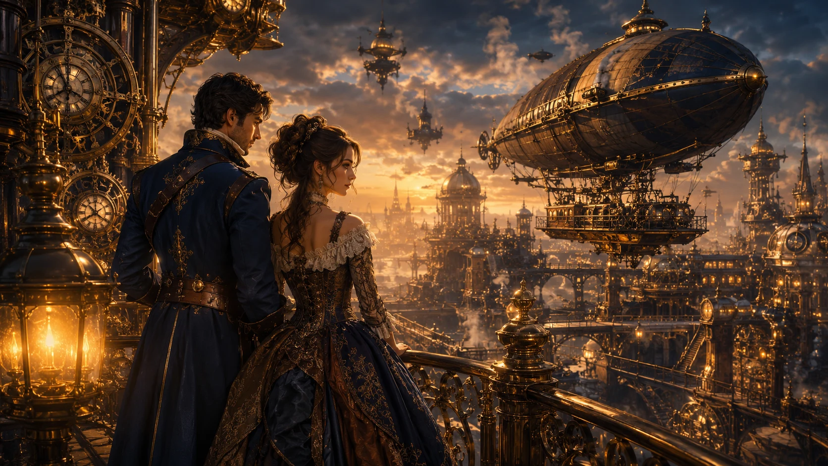 An airship crosses a brass-toned industrial fantasy city.