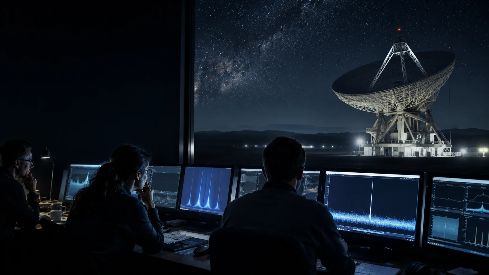 Astronomers study an unusual signal in a dark radio observatory control room.
