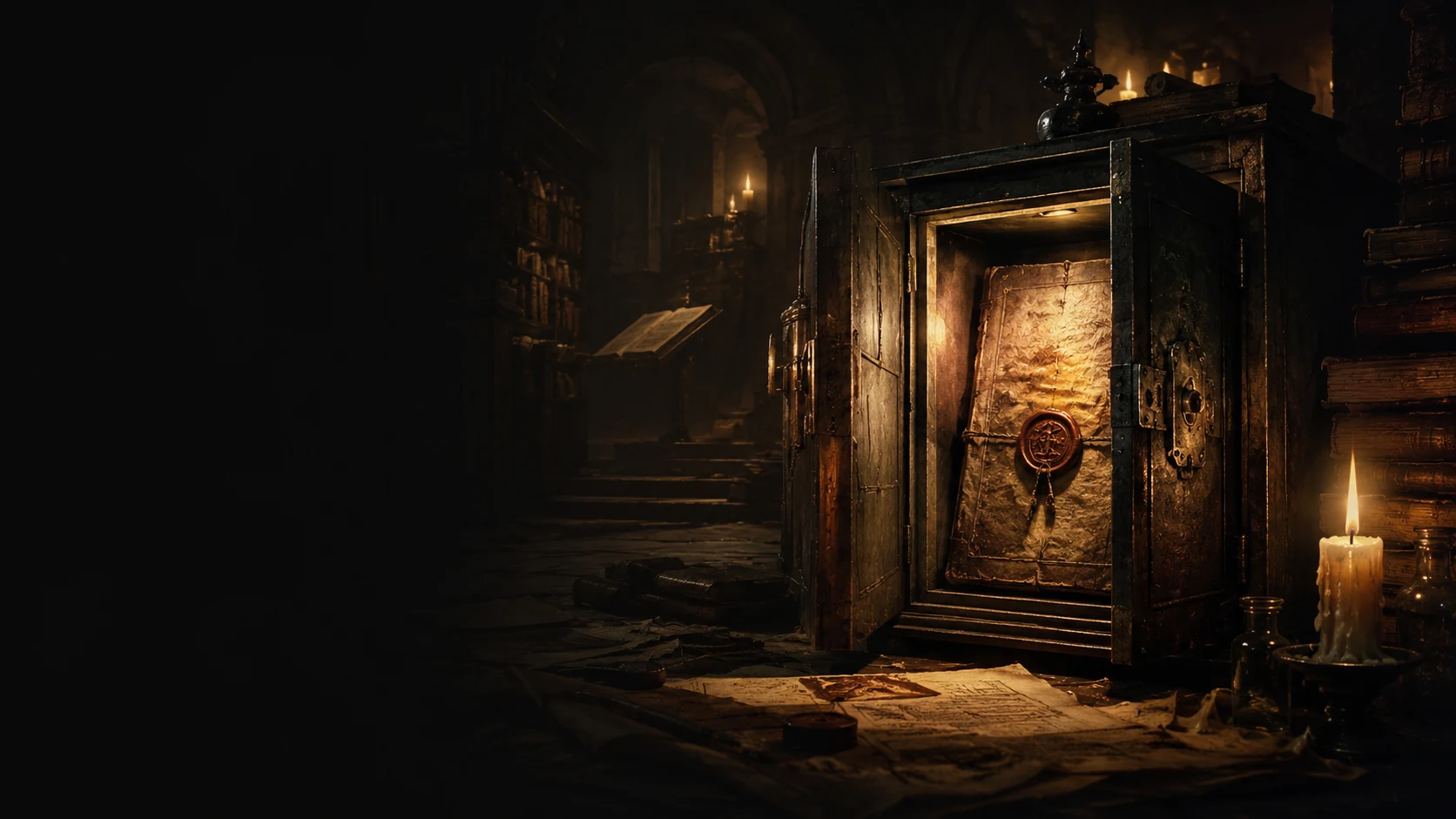 A sealed book rests under a single light inside a vast dark archive.
