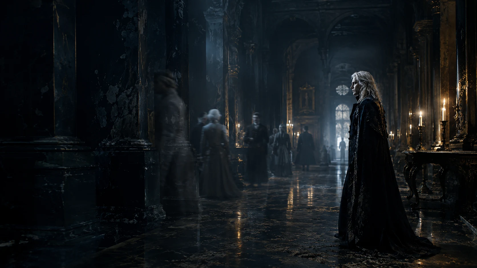 A solitary immortal figure stands unchanged in an ancient hall marked by centuries of decay.