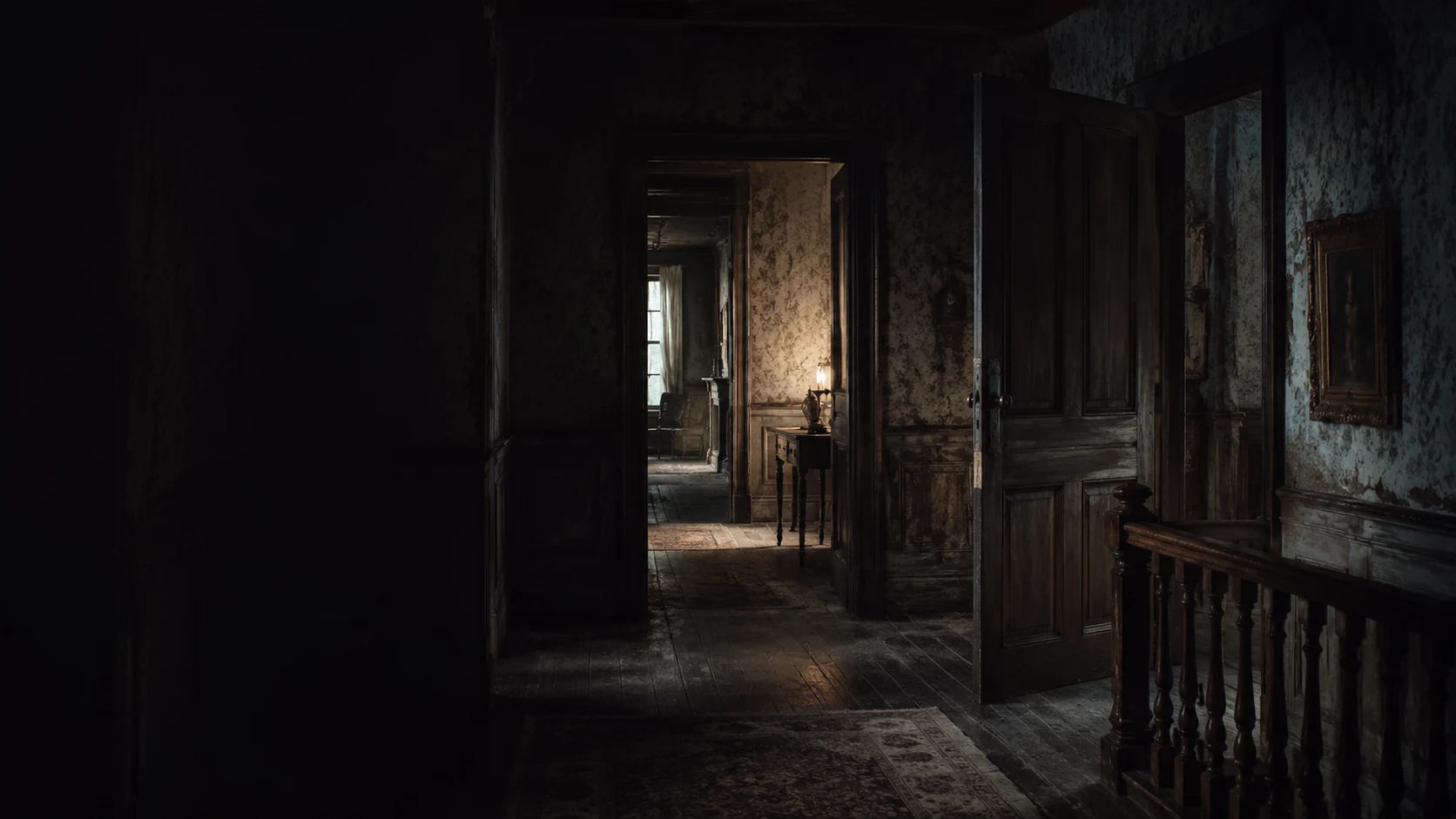 A dim old hallway with worn walls and a staircase disappearing into darkness.