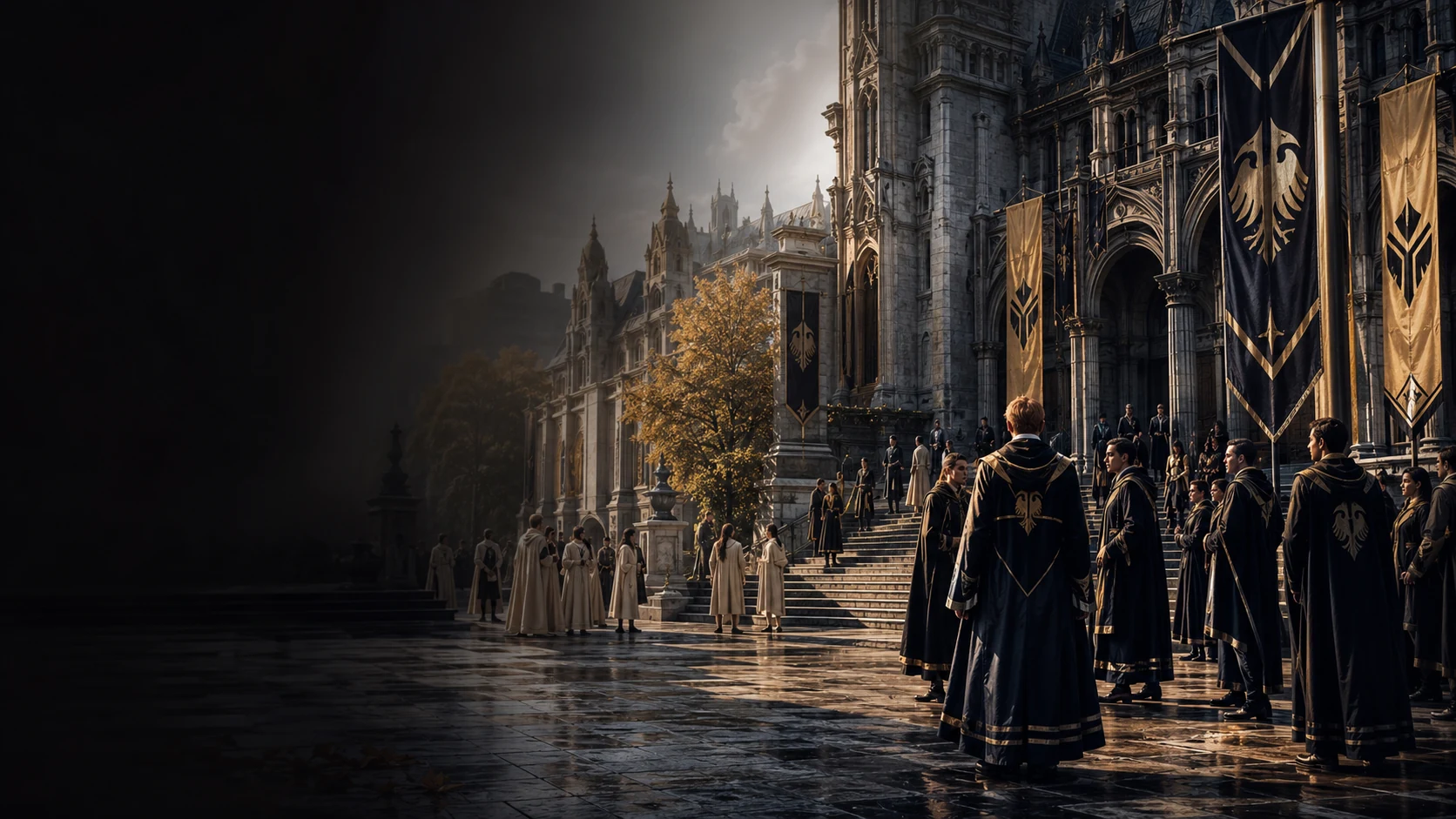 Two rival fantasy houses gather on opposite sides of a grand academy courtyard.