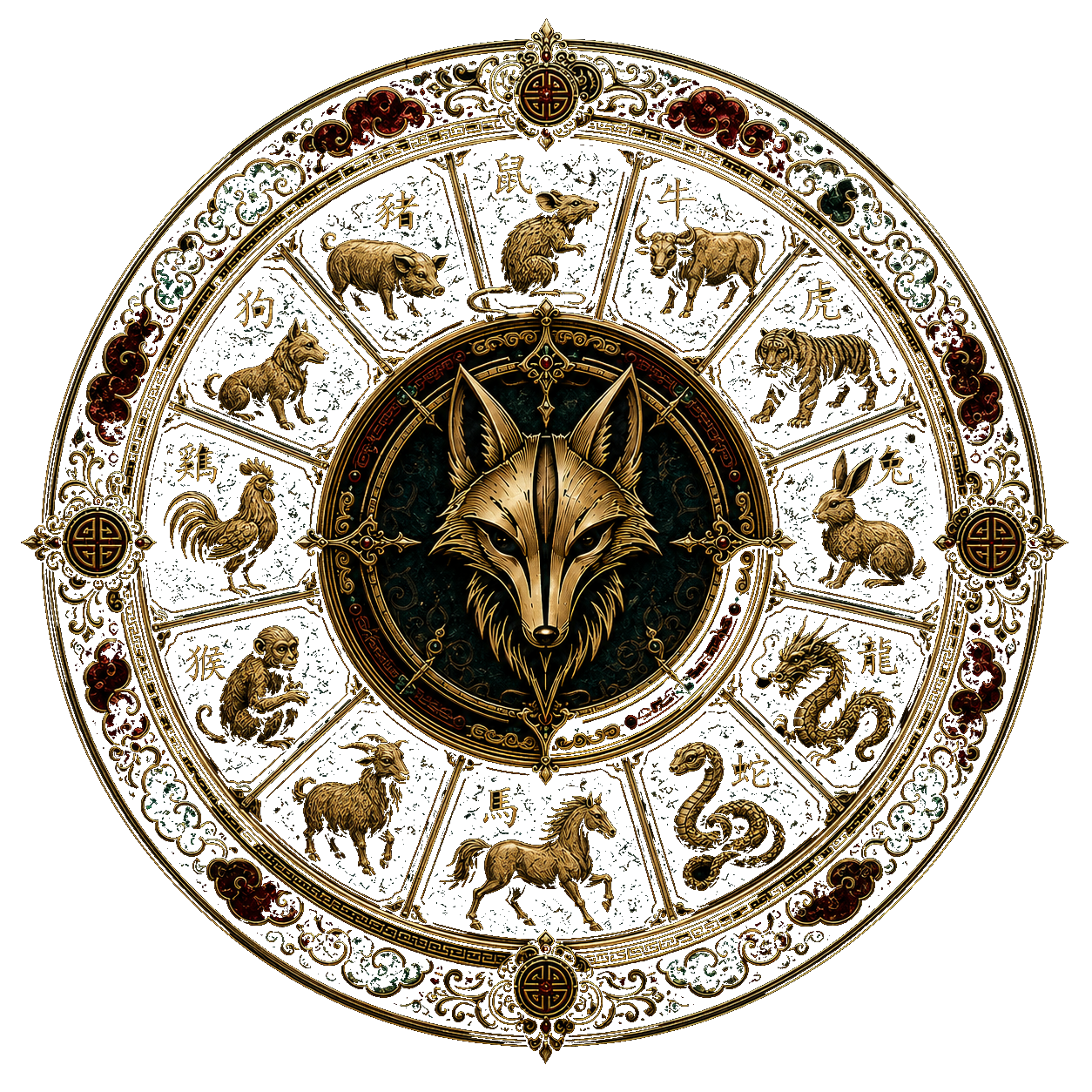 Ornate imperial Shengxiao wheel with fox seal at the center